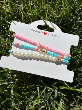 Handmade Beaded Bracelet Set - Pink & blue with Pearl Accents